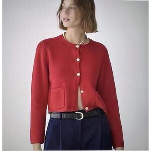 J. Crew Emilie Sweater Lady Jacket In Red Knit Cardigan Sz L Preppy Old Money
